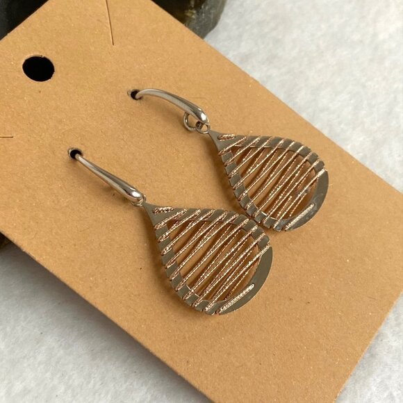 Sterling Silver 925 Italy Modernist Brass Woven Accent Teardrop Dangle Earrings - Picture 11 of 16